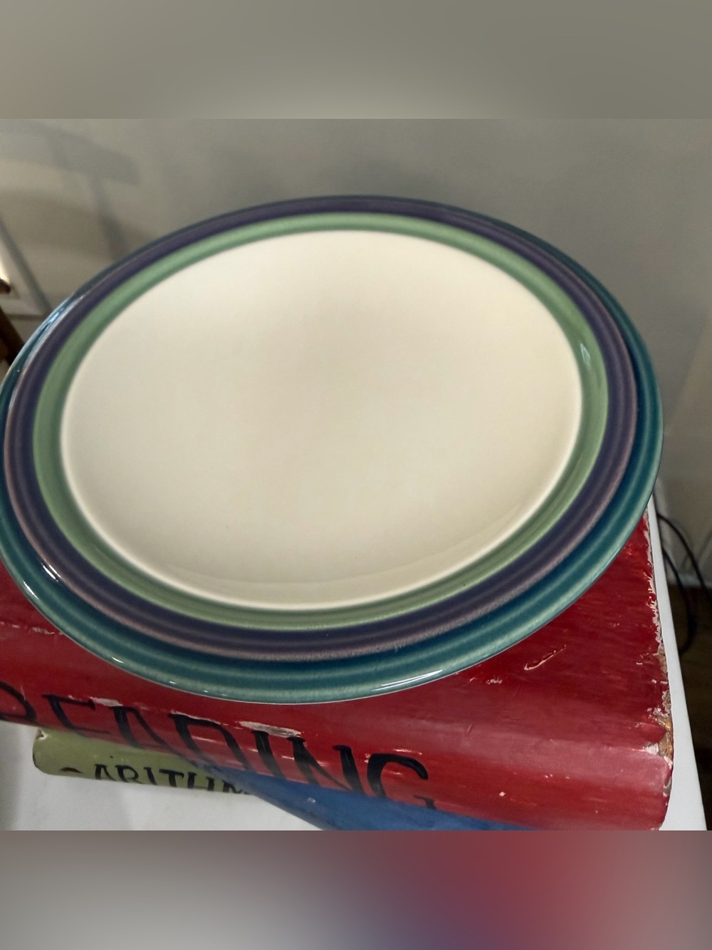 Pfaltzgraff salad plate Cream Plate with Teal, Green and Navy Rim